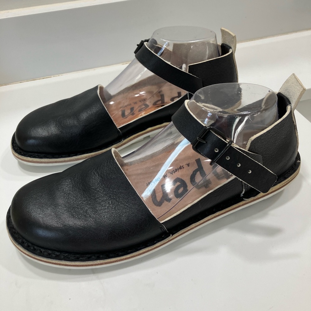 Trippen Union Black Leather Mary Jane Closed Toe Slip On Ankle Strap Shoes 40